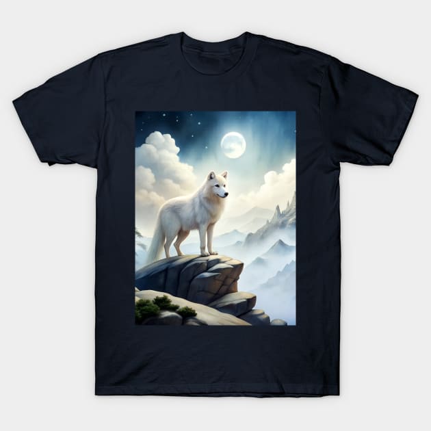 White Wolf Hunting Ground, Winter Mountain Wild Icy Moon, Forest, Galaxy Beautiful gifts Novelty Animal Pattern Fashion T-Shirt T-Shirt by sofiartmedia